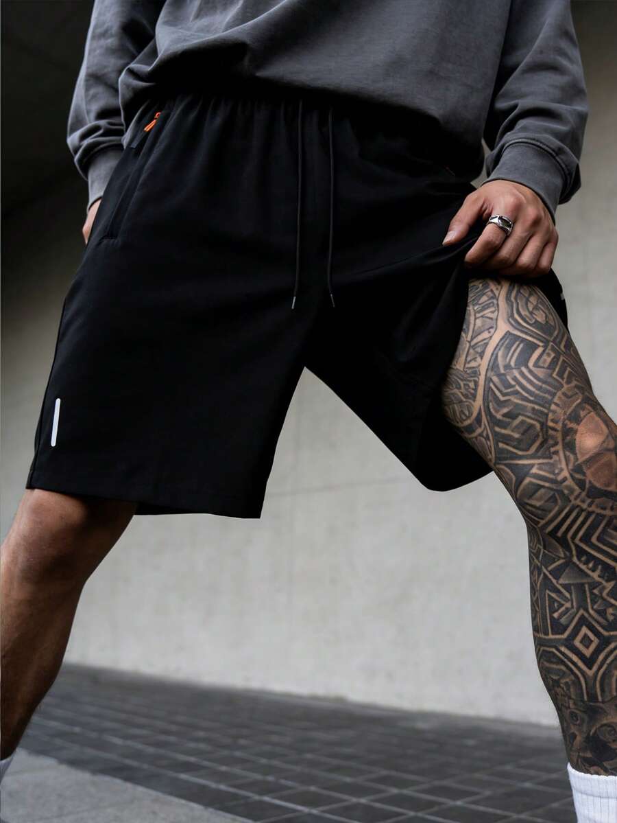Plus Size Men's Comfortable Printed Shorts With Adjustable Elastic Waistband, Drawstring And Zipper Pockets Sports - Black - View 1