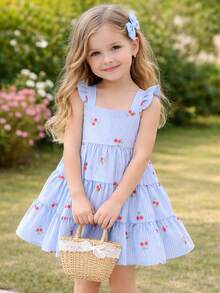 Children's Dress With Floral Print, Stripes And Hearts. Three Marias Dress With Tie And Elastic Back For Adjustable Adjustment. Cool And Lightweight Fabric. Spring/Summer. - Baby Blue - View 9