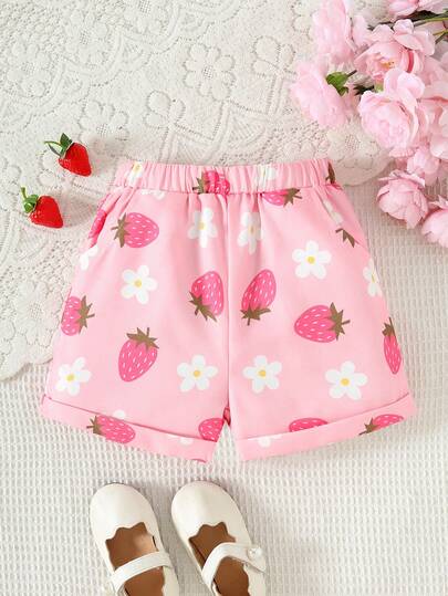 Toddler Girls' Strawberry Floral Print Textured Shorts With Pockets, Lightweight Fabric, Casual Style, Suitable For Daily Wear, Vacation, Outings, Birthday Gifts, Travel, School, Outdoor Activities