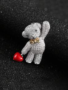 1pc Copper Zirconia Encrusted Heart Shaped Brooch Pin, Suitable For Men And Women Wear Or Gift - Bear Heart Brooch - View 2