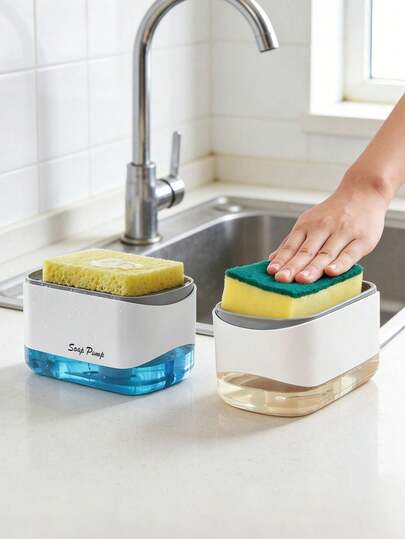 1 pieza Dispensador de jabón líquido de cocina, dispensador de jabón para platos con soporte y esponja, dispensador de líquido con bomba, escurridor, espumador de jabón para platos, dispensador de jabón líquido para encimera, independiente, a prueba de fugas, regalo ideal, artículos de cocina, accesorios de cocina, esponja de limpieza, esponja para platos, cepillo de esponja