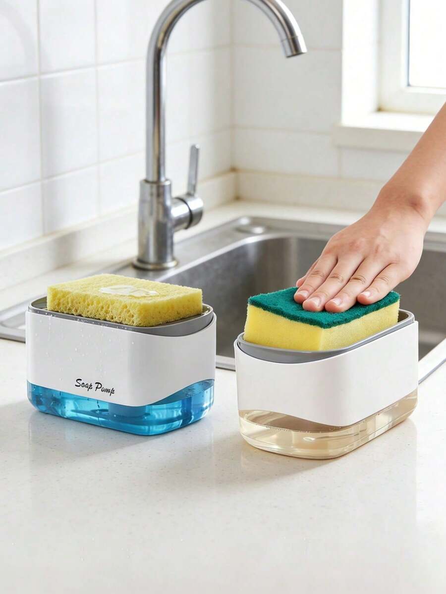 1个厨房液体皂液器，带海绵架和海绵的洗洁精皂液器，按压式液体皂液器，沥水架，洗洁精泡沫器，台面液体皂液器，独立式，防漏，理想礼品，厨房用品，厨房配件，清洁海绵，洗碗海绵，海绵刷