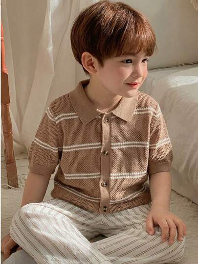 男童条纹领短袖轻薄针织开衫，适合春、夏、初秋日常休闲穿着