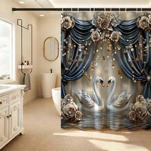 Cortina de ducha con rosas y cisne azul y dorado, decoración romántica para el baño, juego de baño de lujo con cortina de ducha, cortina de baño impermeable, decoración elegante para el baño, juego de baño que incluye cortina de ducha, cortina de baño azul y dorada, cortina de partición de baño sofisticada, decoración de baño con tema de boda, cortina de baño de tela gruesa, juego de baño opulento para el hogar - Azul y blanco - Ver 9