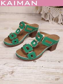 1 Pair Women's Fashionable Retro High Heel Sandals, Geometric Pattern Bohemian Vintage Unique PU Leather Rivet Decor High Heel Sandals, Suitable For Wedding, Party, Vacation, Summer And Other Occasions - Green - View 7