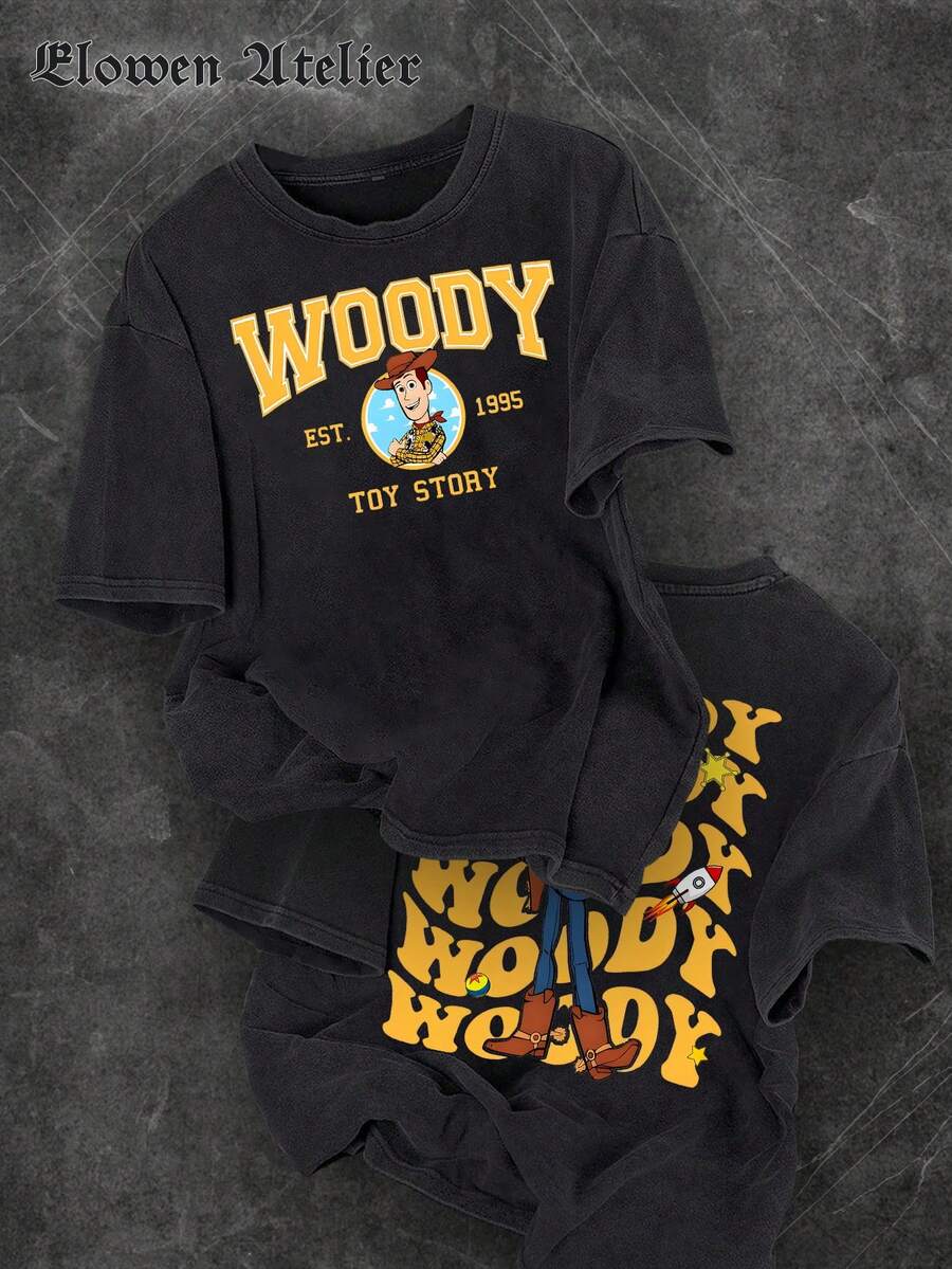 Disney Casual Women's Black Cotton Short Sleeve Round Neck T-Shirt With Woody Toy Story Print For Everyday Wear - 黑色 - 查看 1