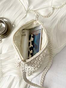 夏季时尚百搭休闲手工编织大容量沙滩草编斜挎包 - 白色 - 查看 8