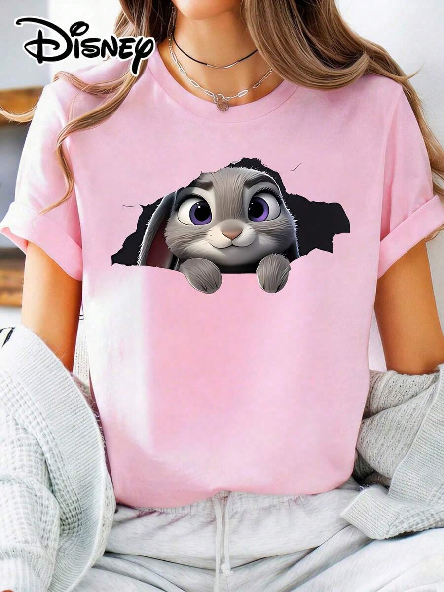 Estampado clásico y peculiar de Mickey Mouse con agujeros en la parte delantera y trasera, un diseño de dibujos animados divertido, camiseta de cuello redondo para mujer suave y agradable para la piel, una nueva camiseta de primavera/verano, recomendada para fanáticos de Disney, lavable a máquina. - Rosa - Ver 1