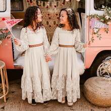 2026 Girls Elegant Lace Flower Boho Dress Long Sleeve Backless Square Neck Ruffle Party Maxi Dress - 03 米色 - 查看 4