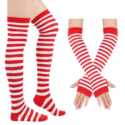 مجموعة جوارب طويلة ملونة مخططة وقفازات مطابقة للاحتفالات والأعياد والكرنفالات للنساء، جوارب طويلة ملونة مخططة وقفازات طويلة للحفلات والكرنفالات في عيد الميلاد وعيد الهالوين