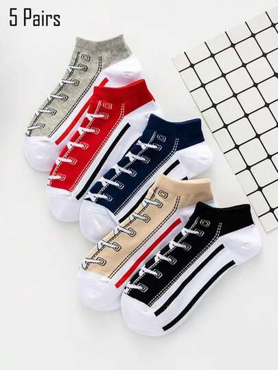 5 Pairs Men's Spring/Summer Short Socks, Canvas Shoe Style Design, Suitable For Couples Or Family, Comfortable & Breathable For Hiking, Home & Daily Wear (Multi-Color Options)