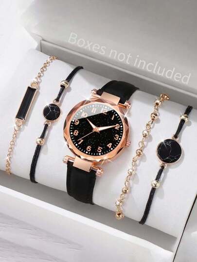 5pcs/Set Women's Watch & Bracelet Set, Fashionable Starry Dial Quartz Watch With Leather Strap