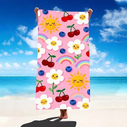 1pc Vibrant Summer Rainbow Fruit Element Beach Towel, Super Soft Microfiber Extra Large Beach Blanket, Super Absorbent Bath Towel, Suitable For Travel, Swimming Pool, Diving, Surfing, Yoga, Camping, Available In Multiple Sizes, Beach Accessory