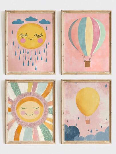 1pc, Canvas Wall Art, Framed Kids Room Poster, Colorful Hot Air Balloon Theme, Children's Room Decorative Painting, Classic Nursery Decor, Vintage Playroom Artwork, Hot Air Balloon Poster, Bright Sunshine Decor, Playroom Poster, Sunny Wall Art, Boys & Girls Room Artwork, Sunshine & Raindrops Theme Kids Room Decor, Watercolor Sunshine Decor, Children's Room Weather Decor, Nursery Decor, Baby Gift, Newborn Gift, Preschool Decor