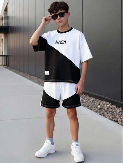 男童休闲轻薄拼接撞色短袖T恤短裤套装，春夏款