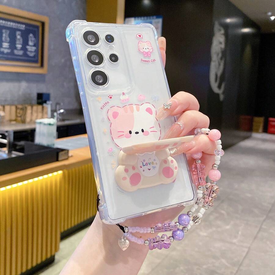 Mèo (Giá đỡ gương) Mèo dễ thương, Vòng tay gấu đính hạt 4 chiếc, Ốp điện thoại trong suốt 4 góc chống rơi tương thích với Samsung S22/S23/S24/S25/S26, A04/A05/A14/A15/A24/A25/A34/A54/A56/A36/A26, Honor 400/X67899876ABC, Note 14/13/12 - trắng - Xem 1