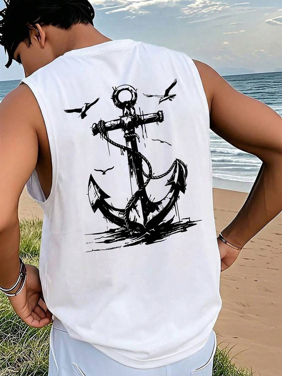1件男士夏季海鸥锚印花休闲无袖背心 - 白色 - 查看 1