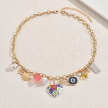 1pc Beach Style Necklace With Heart, Peace Sign, Bow, Eye Shaped Pendants, Faux Pearl & Shell Pendants, Suitable For Women To Wear At Beach, Vacation Or Party - Love - View 7