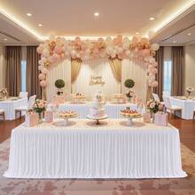 1pc White Polyester Table Skirt, Fits 72inch/183cm Rectangular Tables, Wrinkle-Resistant And Easy To Clean Ruffled Tablecloth, Suitable For Birthday Cake Tables, Banquets, Weddings, Bridal Showers, And Various Party Celebrations - White - View 4