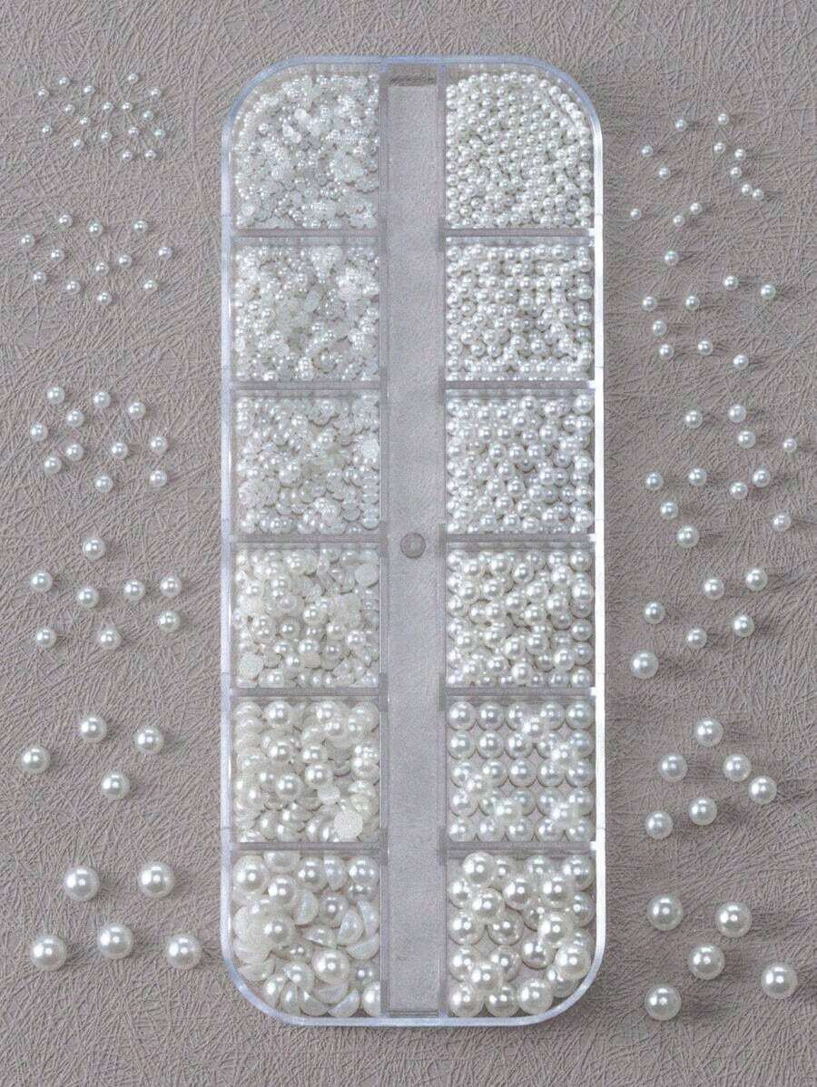 1.5/2/2.5/3/4/5Mm Mixed Half Pearl Nail Charms 1 Box Of Flat-Back White Half Round Pearls Flat-Back White Pearl Home And Professional Nail Art, Face Makeup And (1.5/2/2.5/3/4/5Mm) Nail Gems Nail Supplies Nails - White - 查看 1