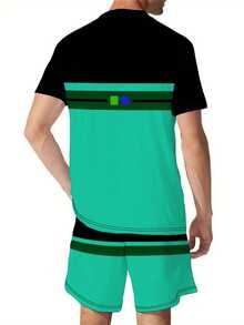 Bộ đồ nam thường ngày bằng polyester - Áo thun cổ tròn và quần short, họa tiết sọc tương phản, chất liệu vải dệt kim co giãn, dáng regular fit, có dây rút và túi, bộ đồ thời trang mùa hè. - Nhiều màu - Xem 2