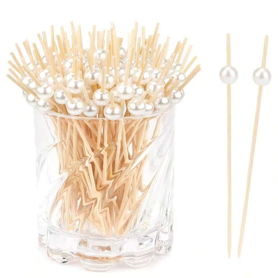 10/20/30/50/100/200pcs White Pearl Fruit Picks, 4.7 Inch Elegant Toothpicks For Appetizers, Bamboo Floral Skewers For Fruit, Food, Sandwich, Beverage, Party, Burger Decoration - White - View 1