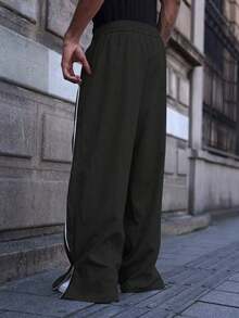 Men's Wide Leg Printed Drawstring Waist Street Pants, Fall - màu đen - Xem 2