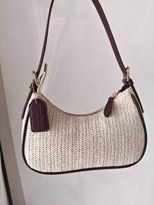 2026新款草编单肩包，夏季度假风，小众设计百搭通勤包，酒红色拼接编织包，女士腋下单肩包，Y2K女士手提包 - 酒紅色 - 查看 3