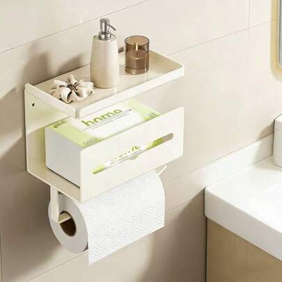 浴室壁挂式卫生纸架，浴室收纳架，卫生纸架：适用于浴室、厨房、房车等场所，采用自粘式设计，安装简便。