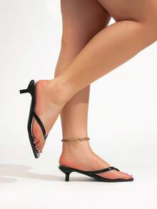 Simple Versatile Black Low Heel Slip-On Sandals, Wide Fit High Heel Sandals Suitable For Women With Wide Feet - Black - View 4