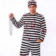 1 Set Men's Halloween Striped Prisoner Costume With Bloody Chain, Hat, Suitable For Children Zombie Cosplay, Includes Top, Pants, Hat, Chain - Multicolor - View 6