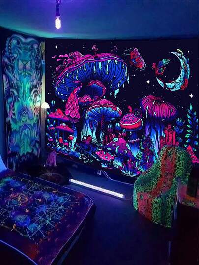 1件夜光蘑菇月亮挂毯，紫外线反应蘑菇挂毯，梦幻夜空景色，神奇蘑菇和星星，涤纶材质，适用于客厅、宿舍、餐厅、卧室的家居装饰，蘑菇装饰挂毯，宿舍配件，宇宙景观