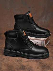 Men's Retro Work Boots, Durable Lace-Up Ankle Boots For Outdoor & Streetwear - Black - View 2