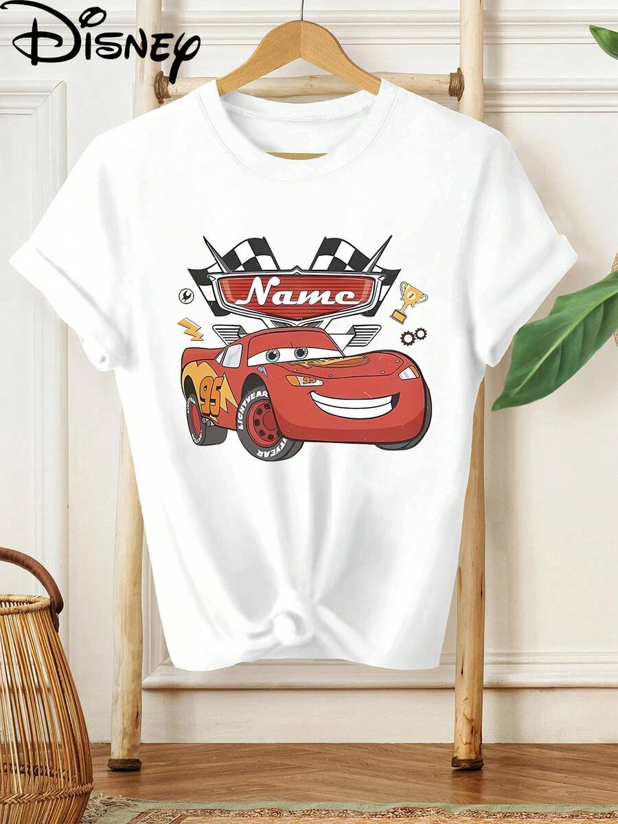Disney Cars Lightning Mcqueen Design Featuring The Word 'Name' And Racing Elements. New Summer Short-Sleeve T-Shirt For Women, Casual And Stylish With Printed Designs, Elegant Women'S Wear - Blanc - Voir 1
