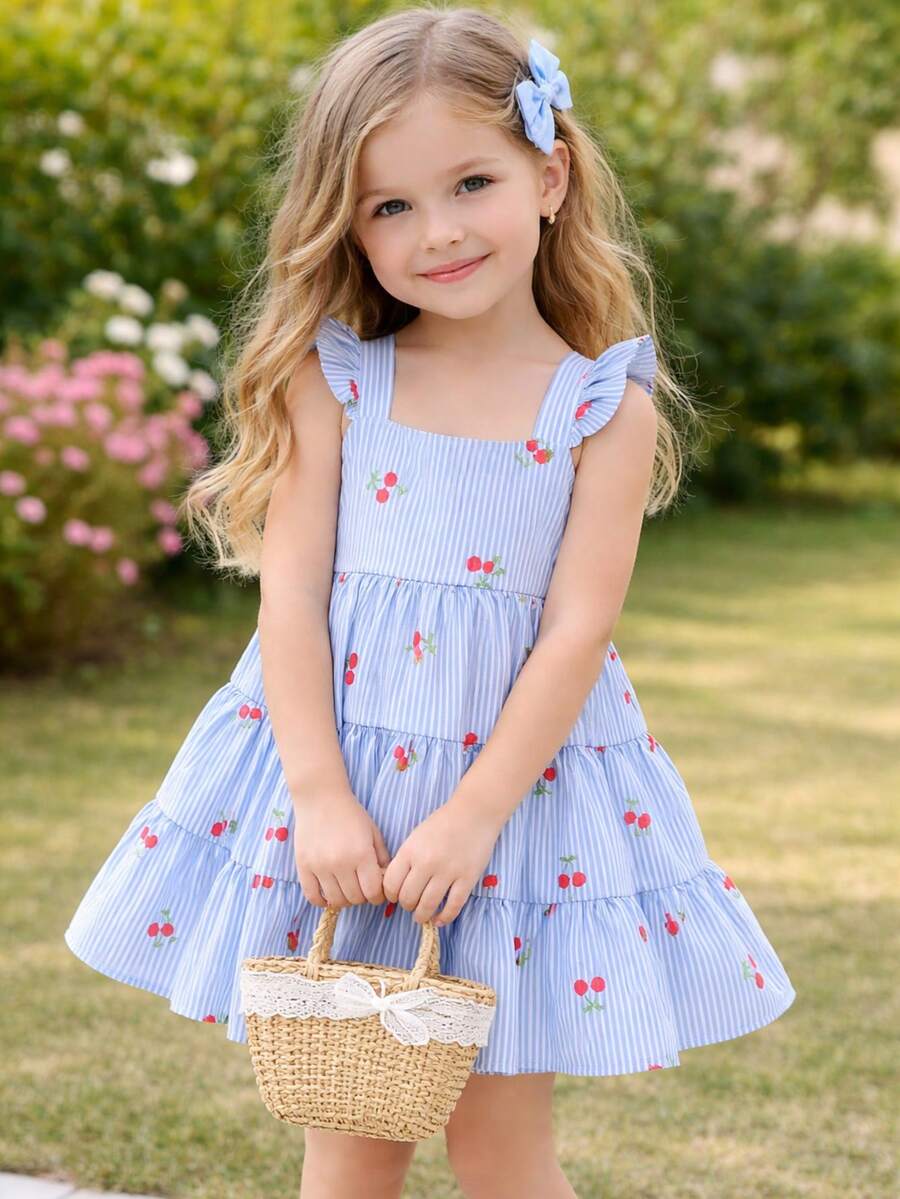 Children's Dress With Floral Print, Stripes And Hearts. Three Marias Dress With Tie And Elastic Back For Adjustable Adjustment. Cool And Lightweight Fabric. Spring/Summer. - Baby Blue - View 1