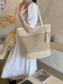 Summer Vacation Beach Bag, New Arrival Niche Handwoven Straw Tote Bag, Large Capacity - Beige - View 3