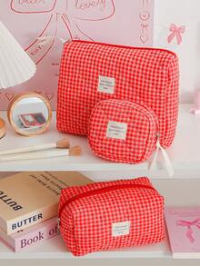 1Pc/Set Red Plaid Gilrs Make Up Bag Travel Toiletry Bag, Large Capacity Cosmetic Bag Pouch Handheld Makeup Bag Portable Toiletry Washing Bag Skincare Bag With Zipper Closure For Cosmetics,Brushes,Skincare,Lip Oil,Hand Cream,Sationery,Coin,Small Items,Make Up Case Makeup Pouch Cosmetic Organizer,Home Decor Livingroom Decor,Travel Essentials,Birthday Gift Wedding Bridesmaid Gift - Redberry Grid - View 10