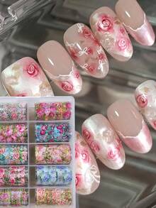 10 Rolls/Box Flower Nail Stickers, Nail Art Design Stickers, Lace Flower Nail Stickers, Holographic Foil Star Nail Transfer Foil Stickers, DIY Spring Nail Decor - Multicolor - View 1