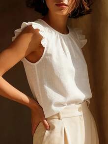 Women's Pleated Round Neck Short Sleeve Top, Layered Ruffle Cuff, Regular Length Casual Summer Blouse - Off White - View 3