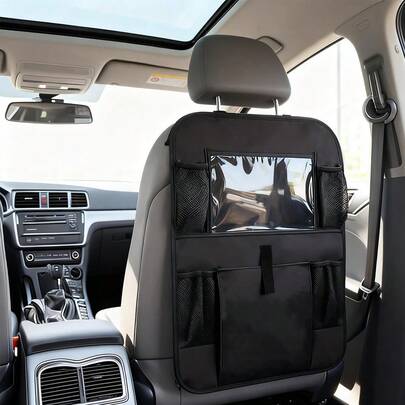 1pc Car Seat Back Storage Bag, Car Rear Seat Protector Mat With Tablet Holder And 5 Pockets, Universal Car Travel Accessory