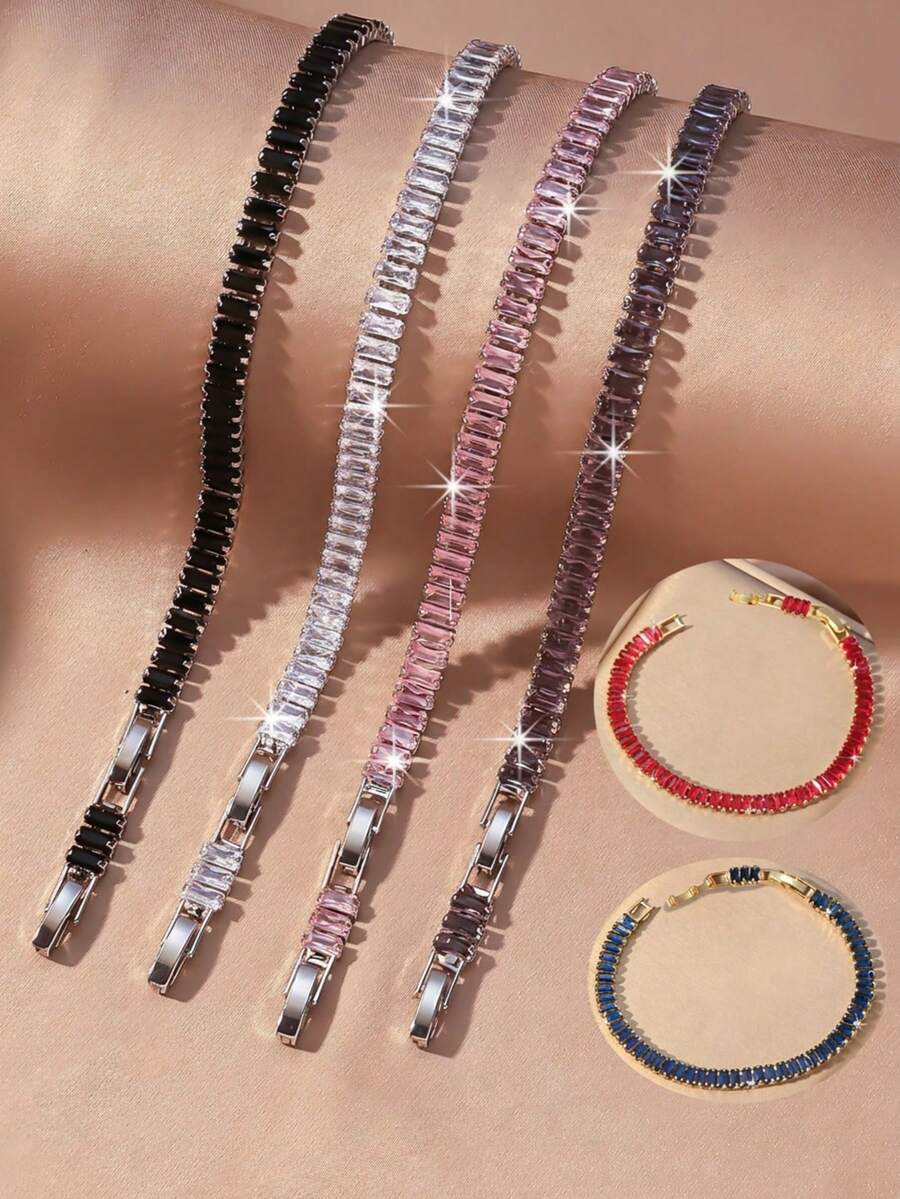 1 件矩形锆石手链，简约时尚，可调节长度网球链，适合女士 - 銀色 - 查看 1