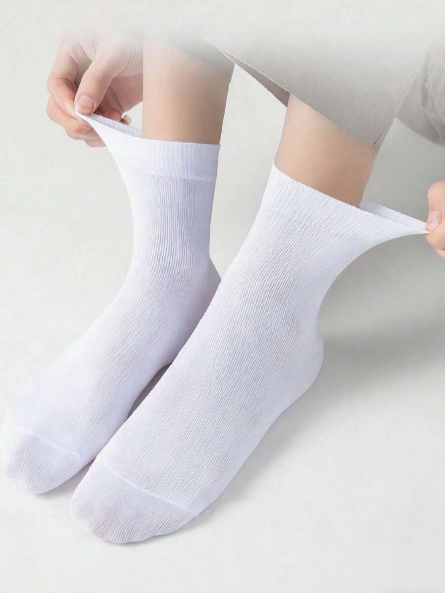10双装男女通用纯白色柔软舒适中筒袜，适合日常穿着、户外休闲、运动、搭配乐福鞋、运动鞋，四季皆宜。 - 白色 - 查看 1