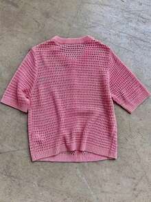 Áo khoác cardigan dệt kim tay ngắn cổ tròn mới cho mùa hè, kiểu dáng rộng rãi, khoét lỗ, mỏng, cài nút, màu hồng, thích hợp cho đi mua sắm, dạo phố, đi chơi, lễ tốt nghiệp, tiệc tùng mùa xuân. - Hồng đậm - Xem 10