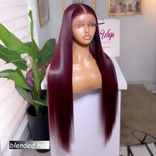 13x4蕾丝前直发真人发假发，180%密度，未经加工的巴西原生发假发，预先拔毛并带有婴儿发，适合8-36英寸女性，99J酒红色 - S99J/BUG - 查看 3