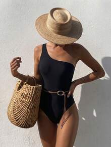 Ladies' Light Luxury Black One-Shoulder Bikini, Sexy Beach Vacation Swimsuit For Summer And Spring 2026 - Black - View 2
