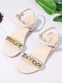 1 Pair Summer Fashion Elegant Minimalist Open Toe Low Heel Ankle Strap Sandals For Teenagers - Beige - View 2