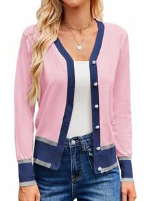 Women's Lightweight Long Sleeve Cropped Cardigan Sweater, Spring Summer Fashion Casual Open Front Shrug Outfits - 粉紅色海軍藍 - 查看 8