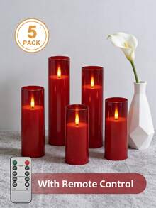 5pcs Flameless Candle Lights With Timer/Remote Control, Battery Powered, Wish Candle Lights, Flameless Odorless Smokeless LED Candles, 5pcs Realistic Wick Pillar Candles, Warm Flame, Suitable For Home, Bedroom, Wedding, Proposal, Christmas, Halloween, Mother's Day, Valentine's Day, Company Gathering Party - Red - View 1