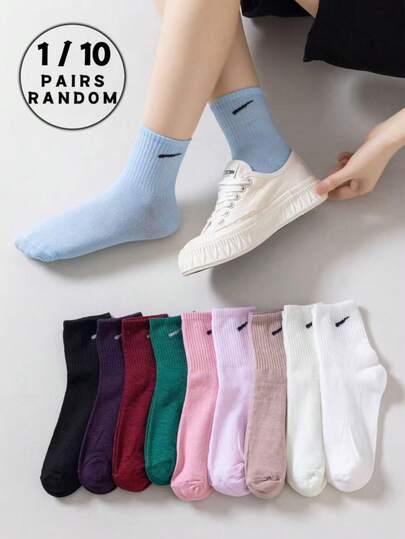 1/10 Pairs Random Multi-Color Pink Cute One Stroke Comfortable & Breathable Socks, Suitable For Campus/College Wear, Portable, Fashionable, Personalized Socks For Girls & Boys, Campus Parties, Daily Home Leisure Wear, Essential Soft & Comfortable Unisex Crew Socks