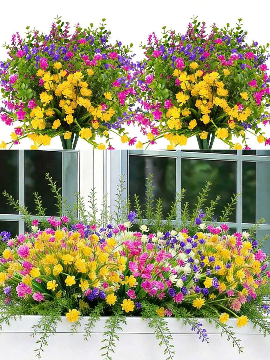 12 Bunches Outdoor UV-Resistant Artificial Plastic Green Leaves Decor, Suitable For Garden, Patio, Balcony, Window Sill, Home, Wedding, Barn Hanging - Multicolor - View 1